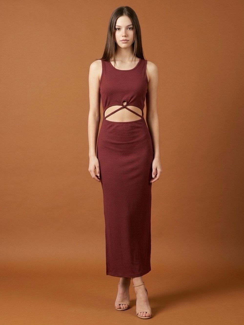 Native Daughters Ribbed Cutout Midi Dress Rust Brown Sleeveless S